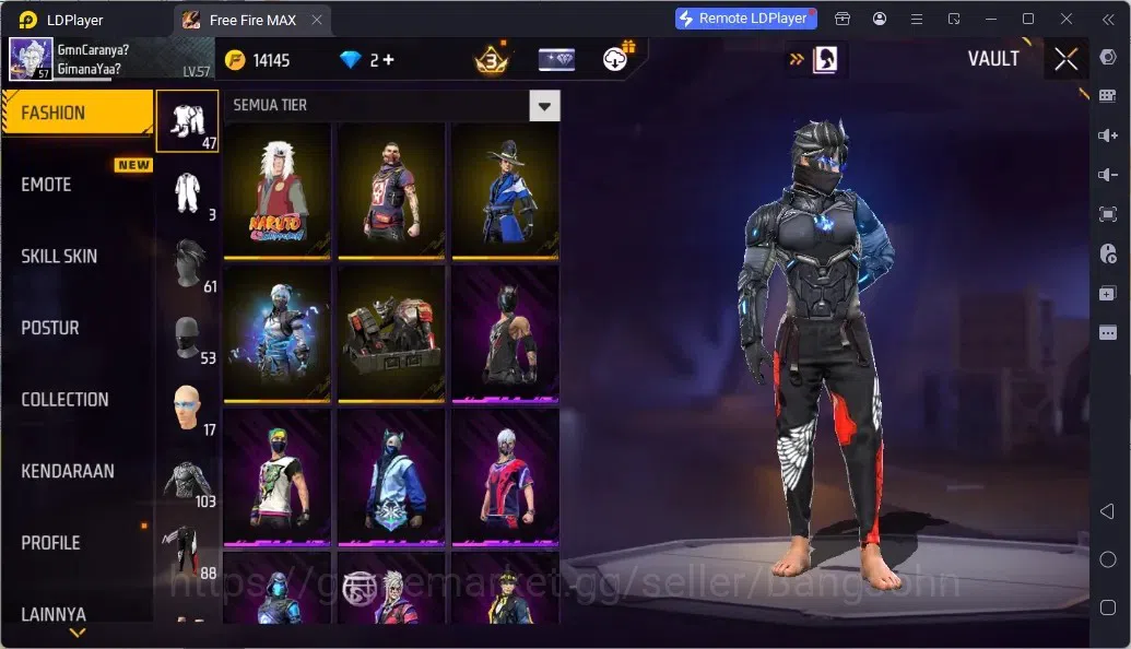Free Fire Accounts Indonesia | 2 EVO (UMP Lv5, M1014 Lv6)| M1887- Aqua Burst| 2 Bunny Backpack | Naruto Bundle:Jiraiya 6