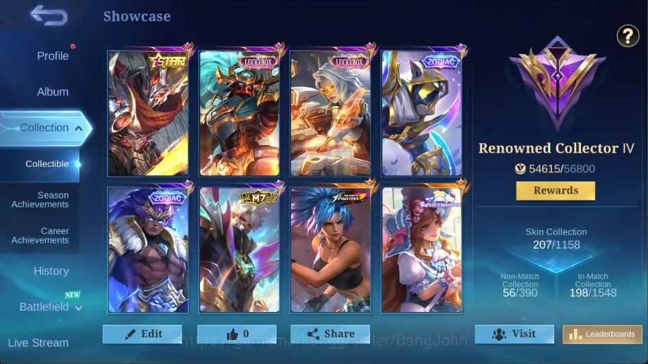 Mobile Legends: Bang Bang Accounts Collector Global|207 Skin|Renowned|Annual Hayabusa,Luckybox Alpha Lesley,Zodiac Helcurt 1