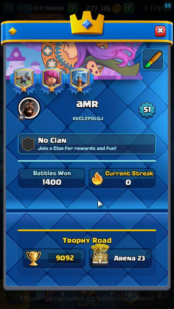Clash Royale Accounts Lv 51|Trophy 9092|KTL 14|Limited Skin|Card 121|Wil image 2