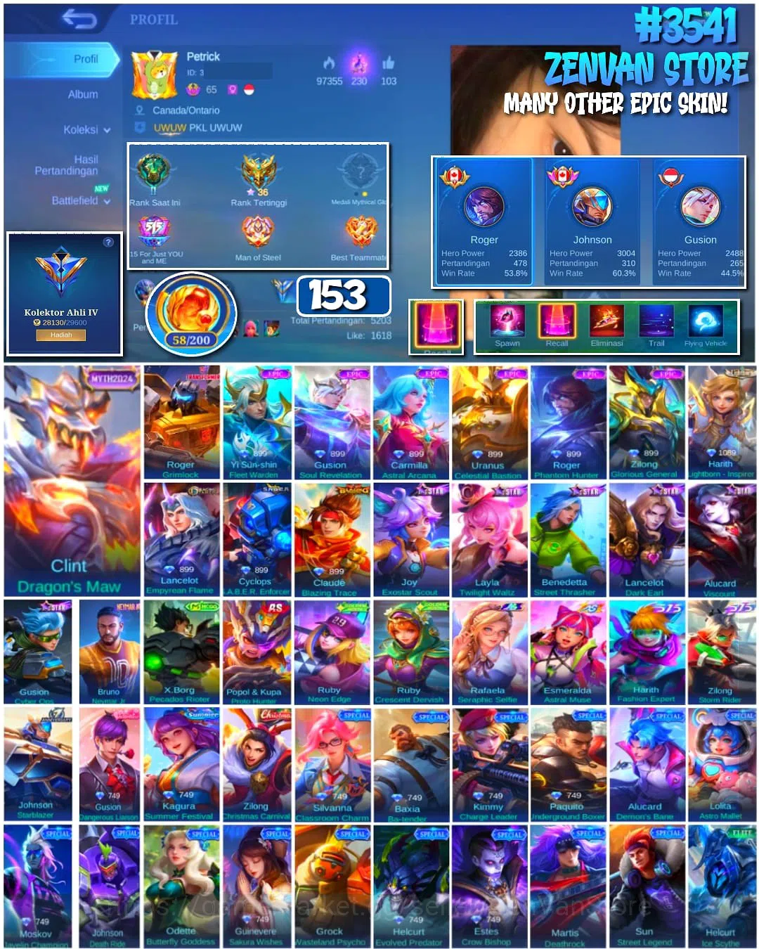 Mobile Legends: Bang Bang Accounts #3541 153 Skins | Transformers Roger | Many Epic | image 1