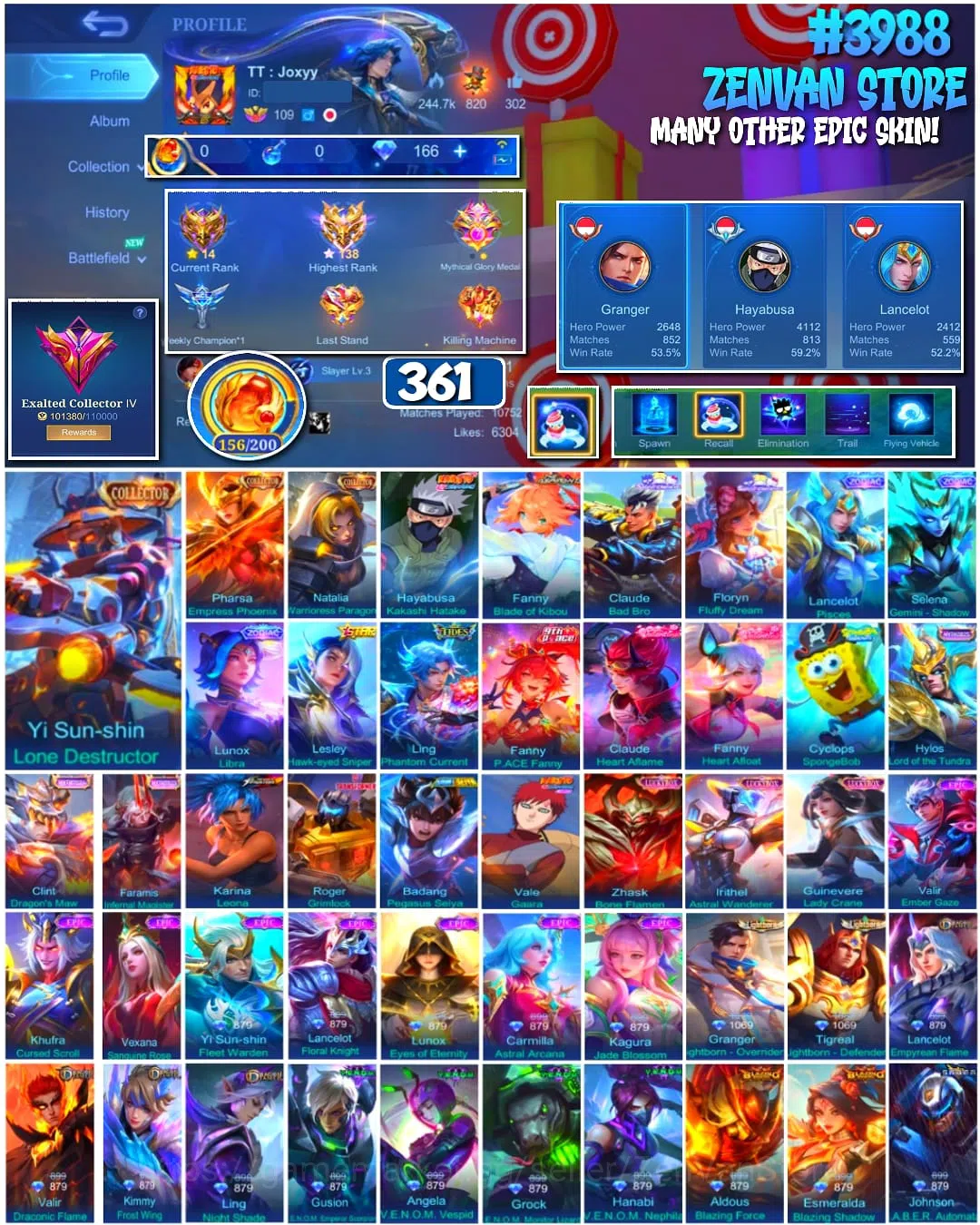 Mobile Legends: Bang Bang Accounts 🔥 #3988 🔥 361 Skins 💎 Exalted Collector IV 👑 Collector Pharsa Empress Phoenix ⚔️ 1