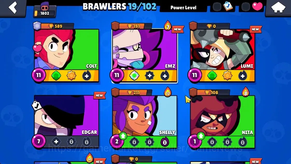 Brawl Stars Accounts 1802Trophy|19 Brawlers 3 Max Lvl [Lumi,Emz,Colt]|14 Skins|1 Legend [Paper Cordel] 1 Myth [Patrol Juju 5