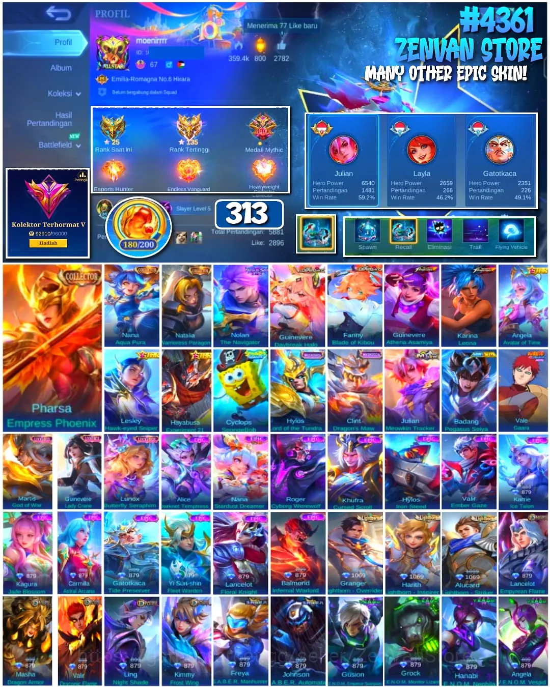 Mobile Legends: Bang Bang Accounts #4361 313 Skins | Guinevere Athena Asamiya (KOF) | Karina Leona (KOF) | Vale Gaara 1