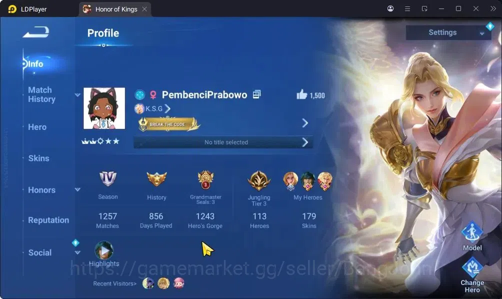 Honor of Kings Accounts Rare Skin Global|113H 179S|BLESSED: Nakoruru|SS:Dharma|KIC:Luna|Legend 1