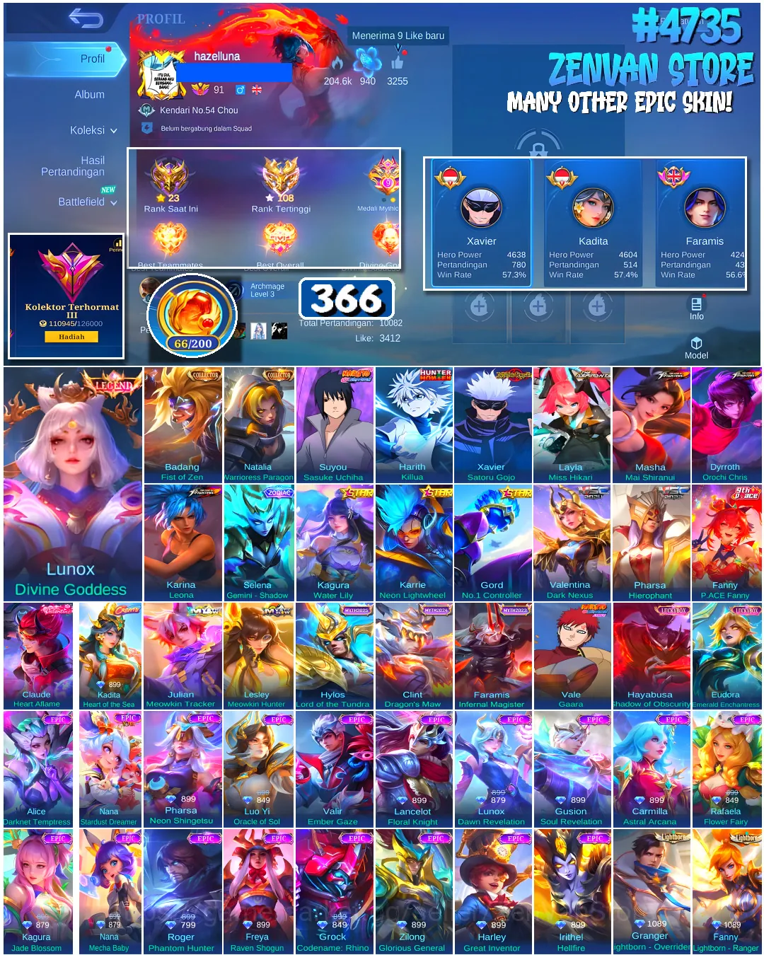 Mobile Legends: Bang Bang Accounts #4735 366 Skins | Lunox Divine Goddess (LEGEND) | Dyrroth Orochi Chris (KOF) | Harith 1