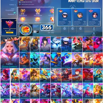 Mobile Legends: Bang Bang Accounts #4735 366 Skins | Lunox Divine Goddess (LEGEND) | Dyrroth Orochi Chris (KOF) | Harith