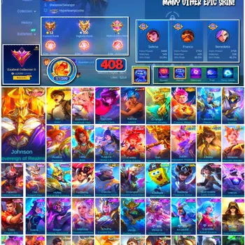 Mobile Legends: Bang Bang Accounts 🔥 #4122 🔥 💎 408 Skins 👑 Legend Johnson Sovereign of Realms ⚔️ Exalted Collector III
