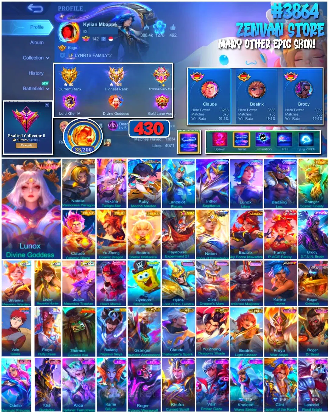 Mobile Legends: Bang Bang Accounts Collector #3864 430 Skins | Legend Lunox | Collector Natalia | Aspirant Vexana & Ruby 1