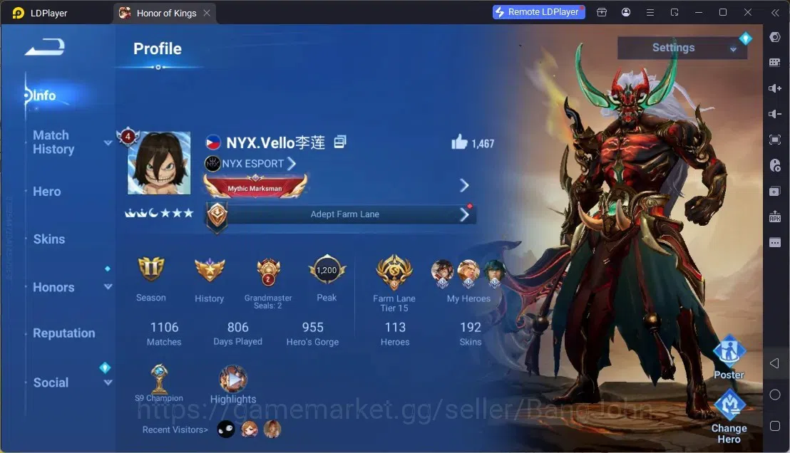 Honor of Kings Accounts Rare Skin Global|113H 192S|KIC Luna|3 Sanxingdui:HuoYi|5 Legend:Allain,LiXin,Angela,DianWei,Wukong|1 1