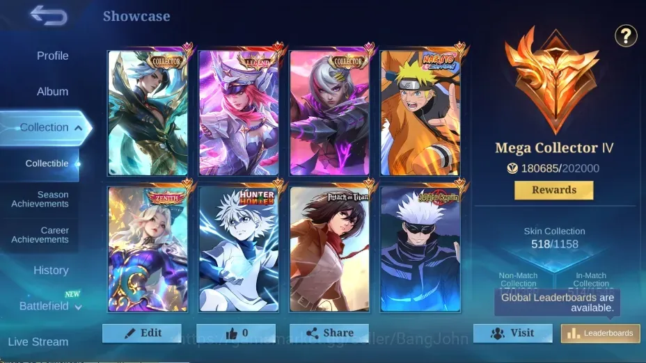 Mobile Legends: Bang Bang Accounts Collector Global|138 Hero|Skin 518|LEGEND Freya|ZENITH Selena|JJK Xavier|Collector Ling 1