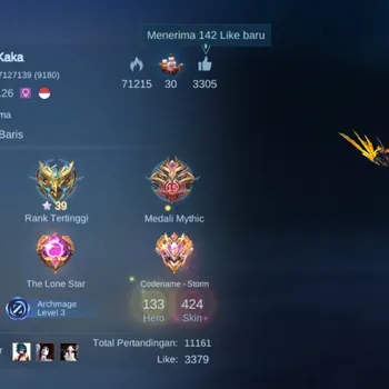 Mobile Legends: Bang Bang Accounts Collector Hero 133|Skin 424|Renowned|Legend Saber|Jujutsu Yin|Collector Natalia|KOF