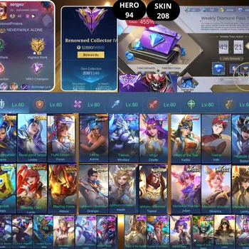 Mobile Legends: Bang Bang Accounts Rare Skin BEST OFFER | HERO 94 | SKIN 208| STARLIGHT ON| WEEKLY DAYPASS 43D | NEON