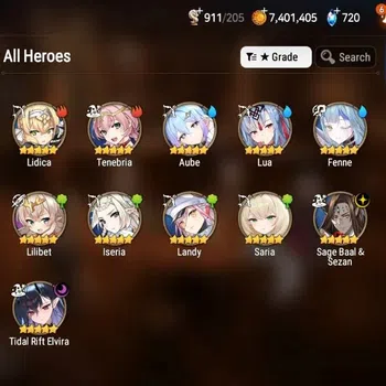 Epic Seven Accounts Starter Global Unverif|Starter|2ML (Tidal Rift Elvira,S.Baal&Sezan,)+Aube,Saria|PoH+Bless ON|Abyss