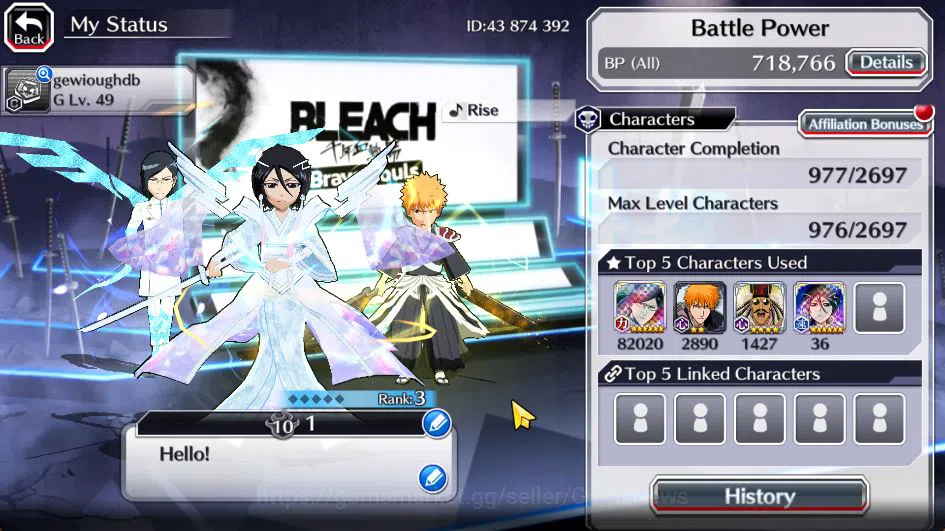 Bleach: Brave Souls Accounts Mid-Tier [GLOBAL]45K Orb|Rukia 10th Anniv,TYBW26(Uryu,Ichigo),Byakuya 3