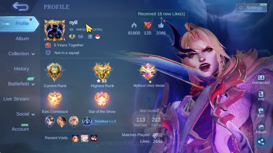 Mobile Legends: Bang Bang Accounts Collector Hero 113|Skin 217|Ex Glory 93|Miya Legend|Soul Vessels (Cecillion,Clint),Floryn 1