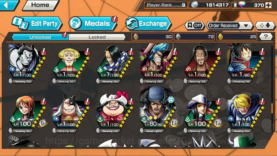 One Piece Bounty Rush Accounts High-End Global|6EX|5Elder Nusjuro,WI Law,TSCA Kaido,4Emperor Teach,Flame Emperor Sabo,BP 10