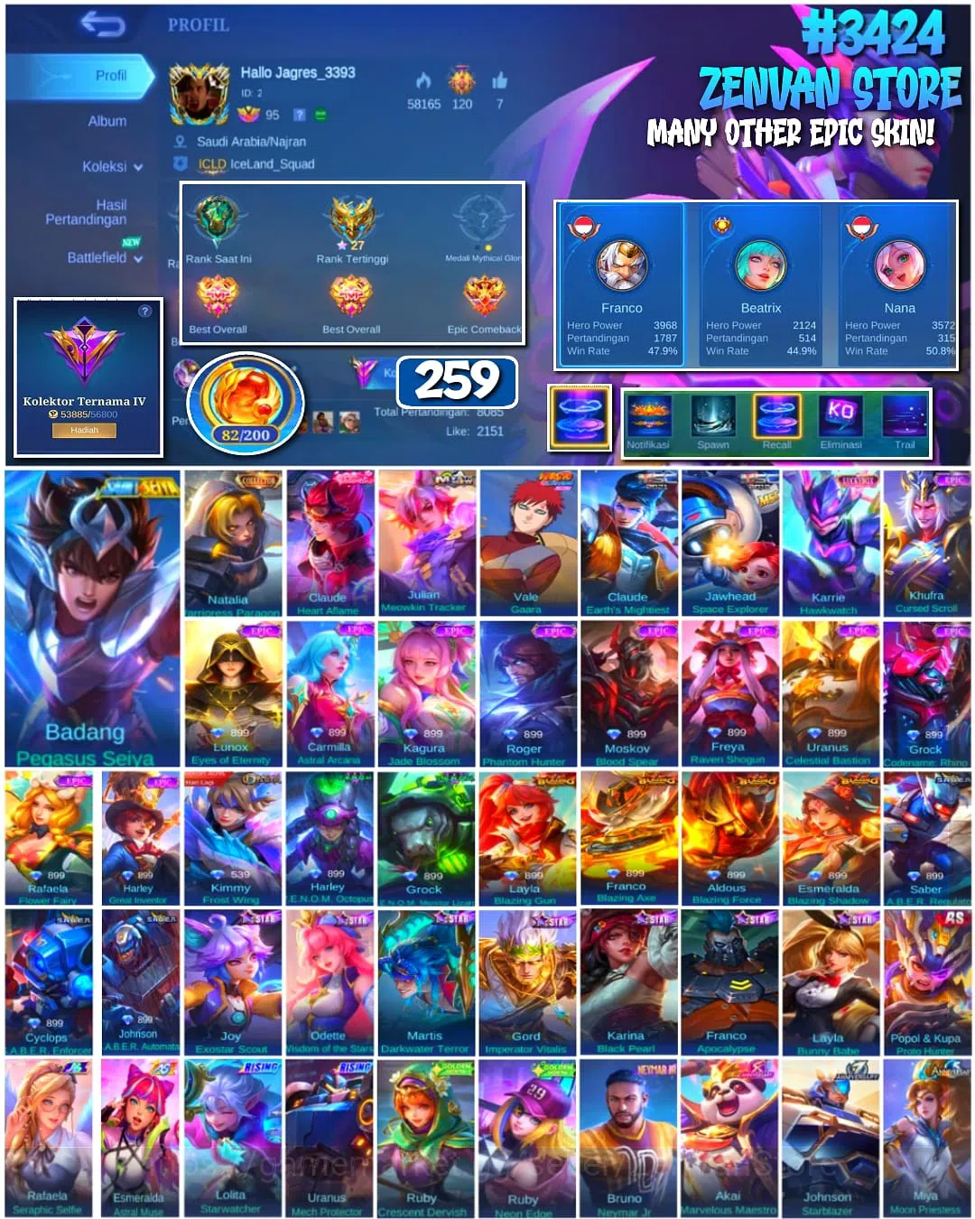 Mobile Legends: Bang Bang Accounts #3424 259 Skins | Collector Natalia | Gusion (Rare image 1