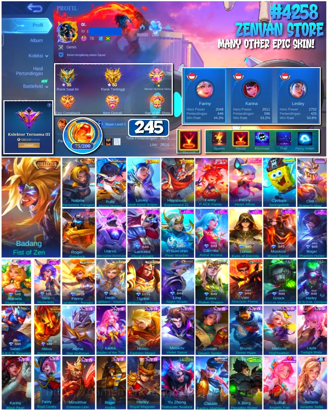 Mobile Legends: Bang Bang Accounts #4258 245 Skins | Badang Fist of Zen (Collector) | Natalia Warrioress Paragon (Collector 1