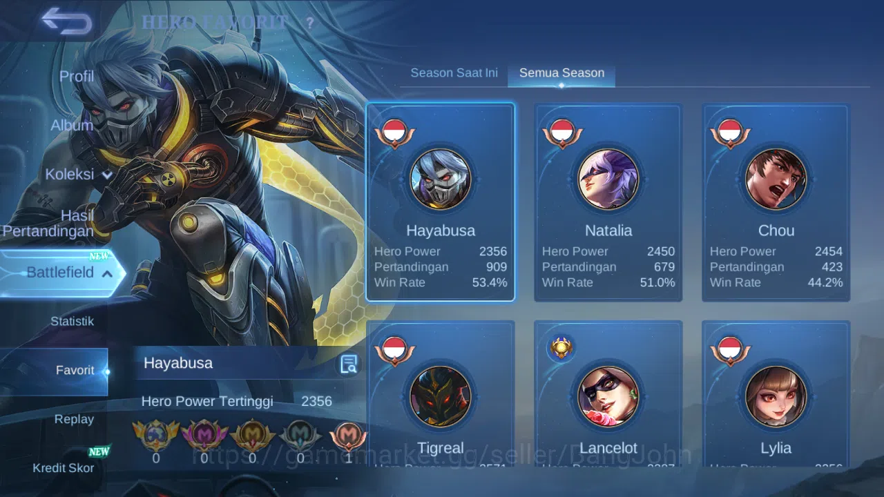 Mobile Legends: Bang Bang Accounts Others Hero 132 Skin 213 | KOF Karina | Epic Gusion, Khufra | Meow Julian | 515 Zilong 17