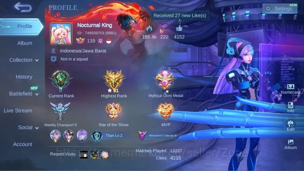 Mobile Legends: Bang Bang Accounts Collector Global|S300|Renowned|HighGlory 91|KOF Karina|Collector Nata|3 SABER|3 1