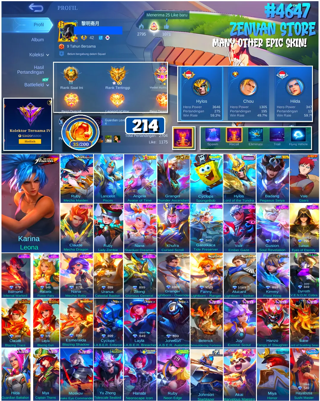 Mobile Legends: Bang Bang Accounts #4647 214 Skins | Karina Leona (KOF) | Badang Pegasus Seiya (SAINT SEIYA) | Cyclops 1