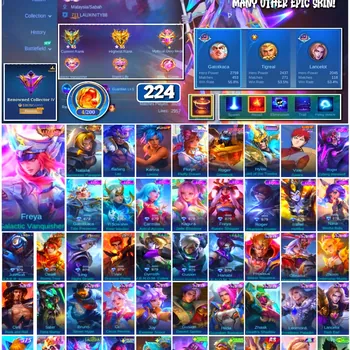Mobile Legends: Bang Bang Accounts 🔥 #4144 🔥 💎 224 Skins 👑 Legend Freya Galactic Vanquisher ⚔️ Renowned Collector IV