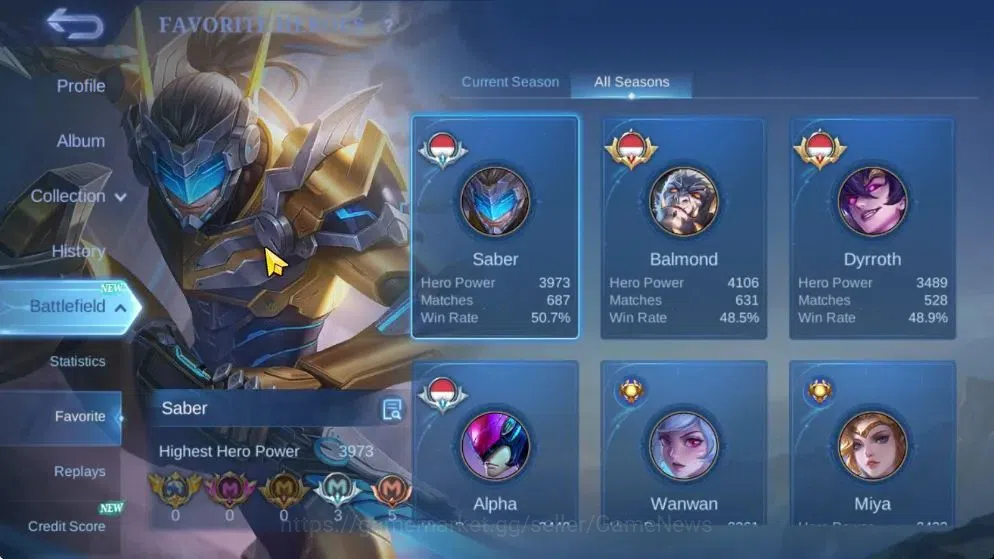 Mobile Legends: Bang Bang Accounts Hero 97|Skin 110|Saber Johnson,Epic Gusion,Mythic2 image 4