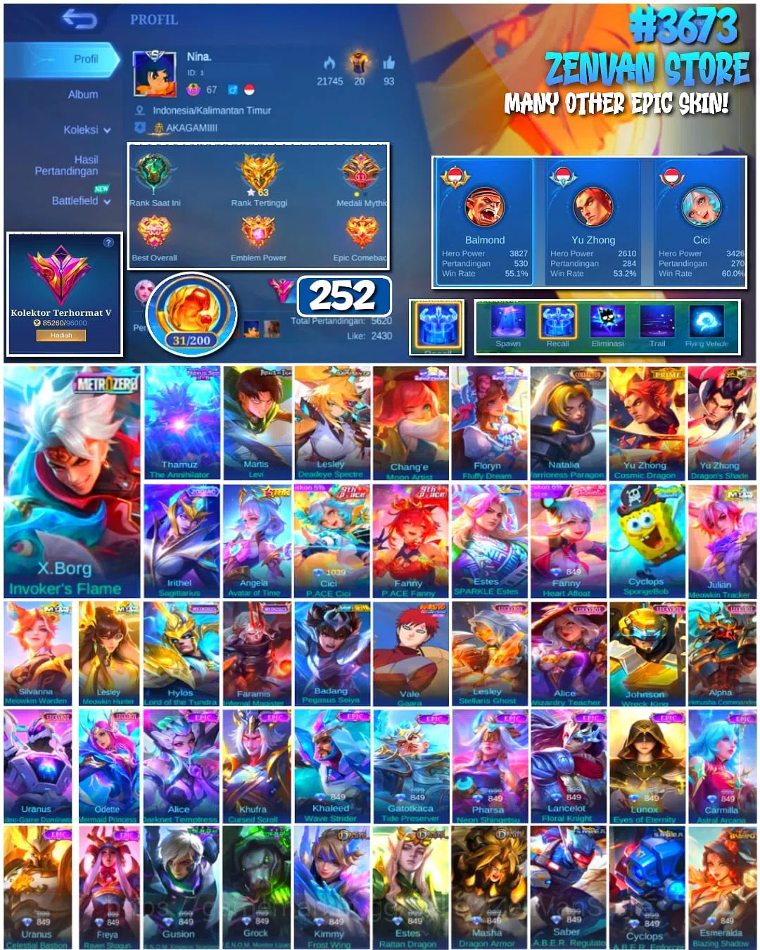 Mobile Legends: Bang Bang Accounts Collector #3673 252 Skins | Collector Natalia | Zero X-Borg | 11.11 Thamuz | AoT Levi 1
