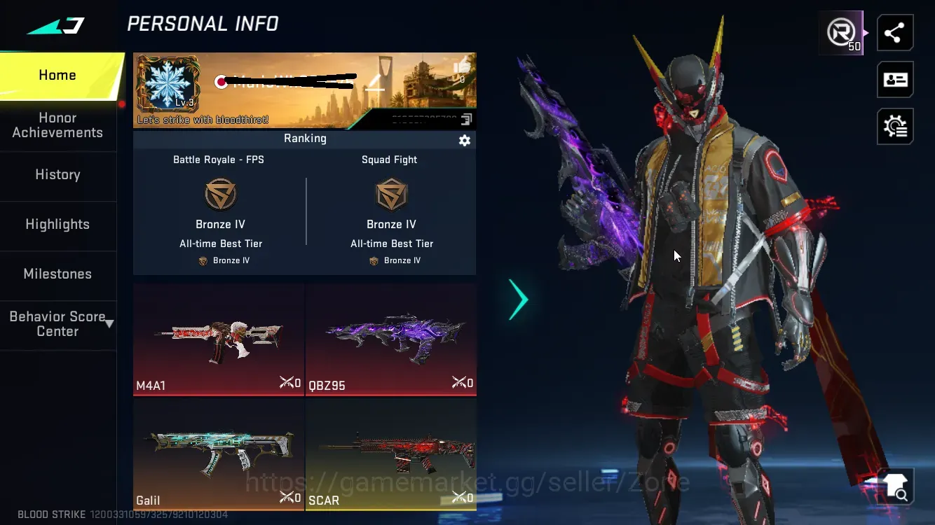 Blood Strike Accounts Collab Skin ASIA|1 eternal:QBZ95-Whisper+Collab-M4A1-Battleoffaith|other:Ultra Galil-Knight|4 1