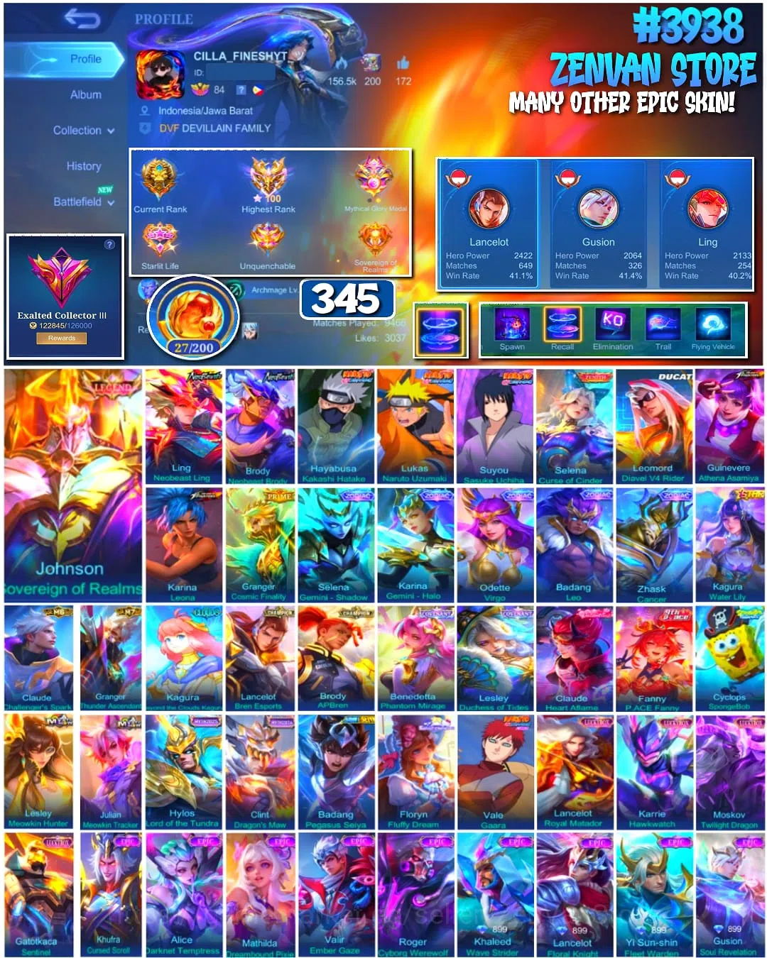 Mobile Legends: Bang Bang Accounts #3938 | 345 Skins | Legend Johnson | Neobeast Ling & Brody | Sasuke | Kakashi | Naruto 1