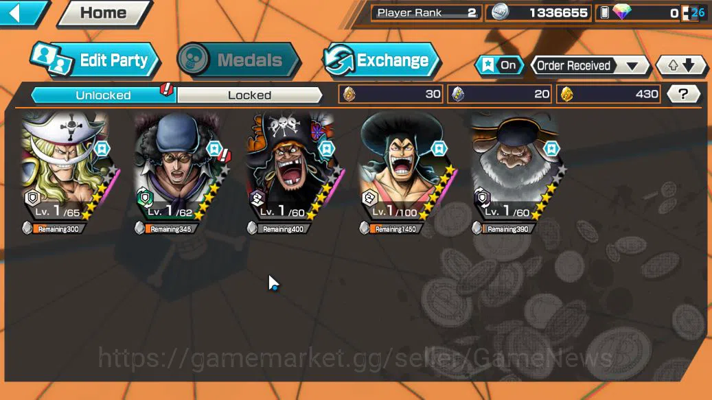 One Piece Bounty Rush Accounts Starter Global|4 EX|GP Edward Newgate,BP Kuzan,4Emperor Marshall D.Teach,5Elders Saturn|Rank 3