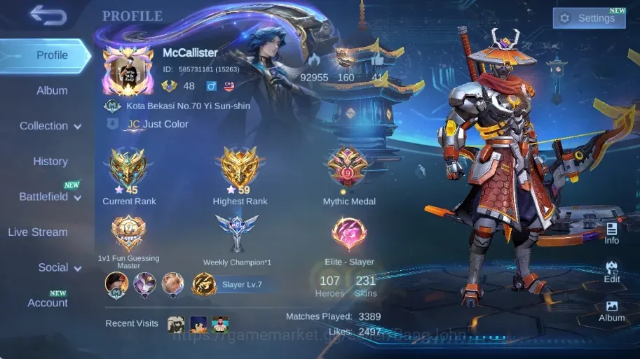 Mobile Legends: Bang Bang Accounts Collector Global|Hero 107|Skin 231|Legend Lesley, Collector Natalia+Yi Sun-shin,Aspirants 1