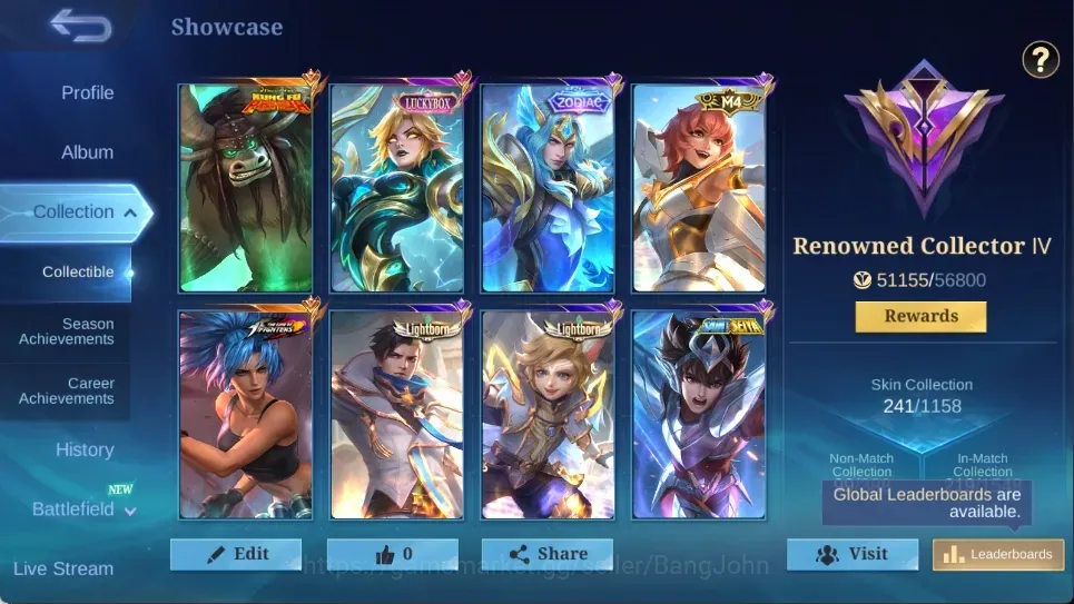 Mobile Legends: Bang Bang Accounts Collector Global|241 Skin|Renowned|Zodiac Lancelot,Luckybox Eudora,KungfuPanda 1