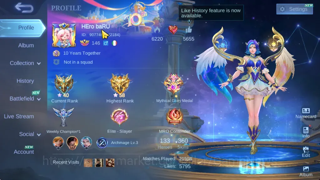 Mobile Legends: Bang Bang Accounts Collector Hero 133|Skin 360|Karina KOF,Roger TFormers,Ruby LBox,Zodiac 1