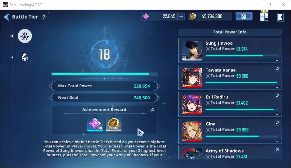 Solo Leveling: ARISE Accounts Total Power 228K | 11SSR | Essence 22k, Draw Ticket 200+| TawataA5+WeaponA7, EsilA3+Weapon 10