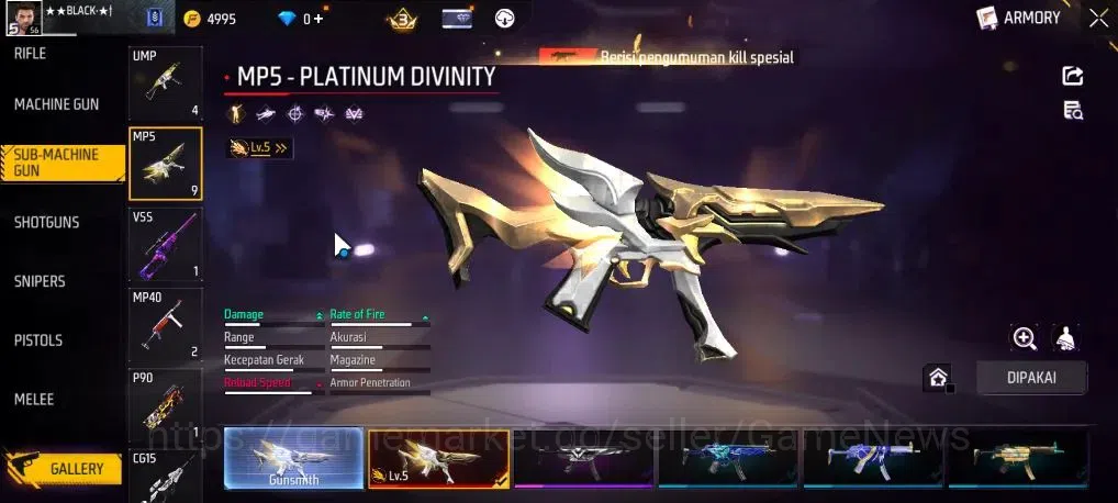 Free Fire Accounts Indonesia | M1887 Mamba Gnaw | MP5 Platinum Divini image 5
