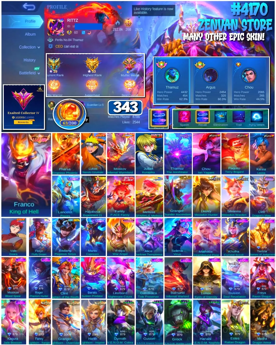 Mobile Legends: Bang Bang Accounts 🔥 #4170 🔥 💎 343 Skins 👑 Collector Pharsa Empress Phoenix ⚔️ Exalted Collector IV 1
