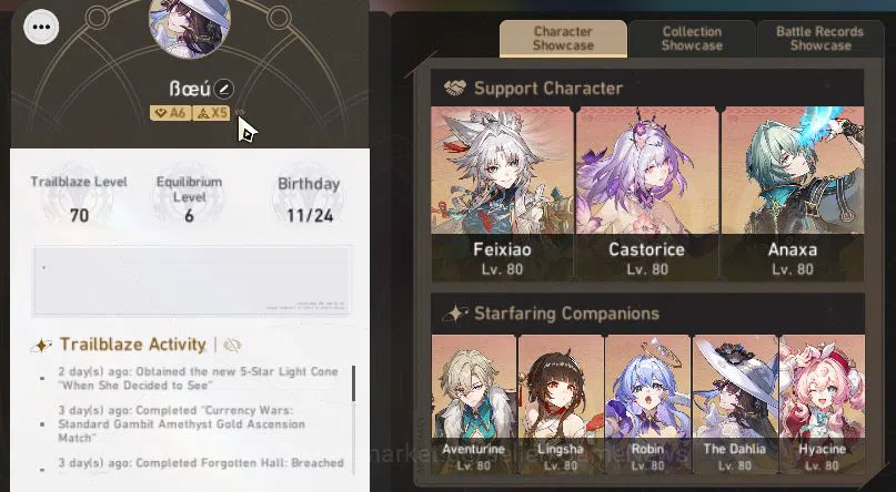 Honkai Star Rail Accounts Mid Game Asia|TL 70|17 Limited[Castorice E1,Hyacine,YaoGuang,Jingliu,Anaxa,Feixiao]+Sign 2