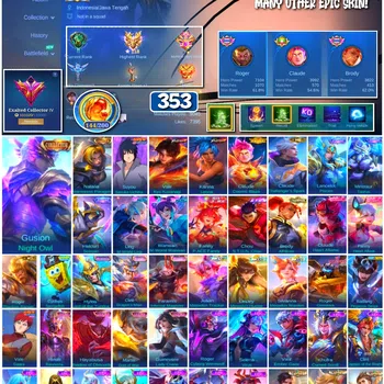 Mobile Legends: Bang Bang Accounts 🔥 #4036 🔥 353 Skins 💎 2 Collector Skins Gusion Night Owl + Natalia 👑 Exalted