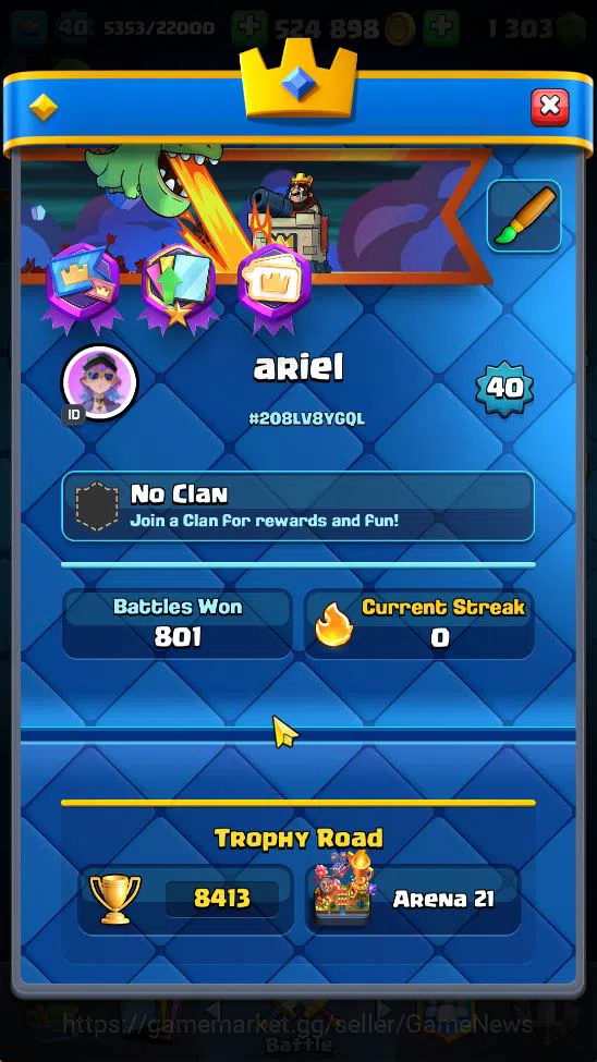 Clash Royale Accounts Midgame Lv 40|Trophy 8413|KTL 13|Limited Skin|Card 121| 2 Hero 9 EVO 8 Champ 21 Legendary 33 Epic 30 7