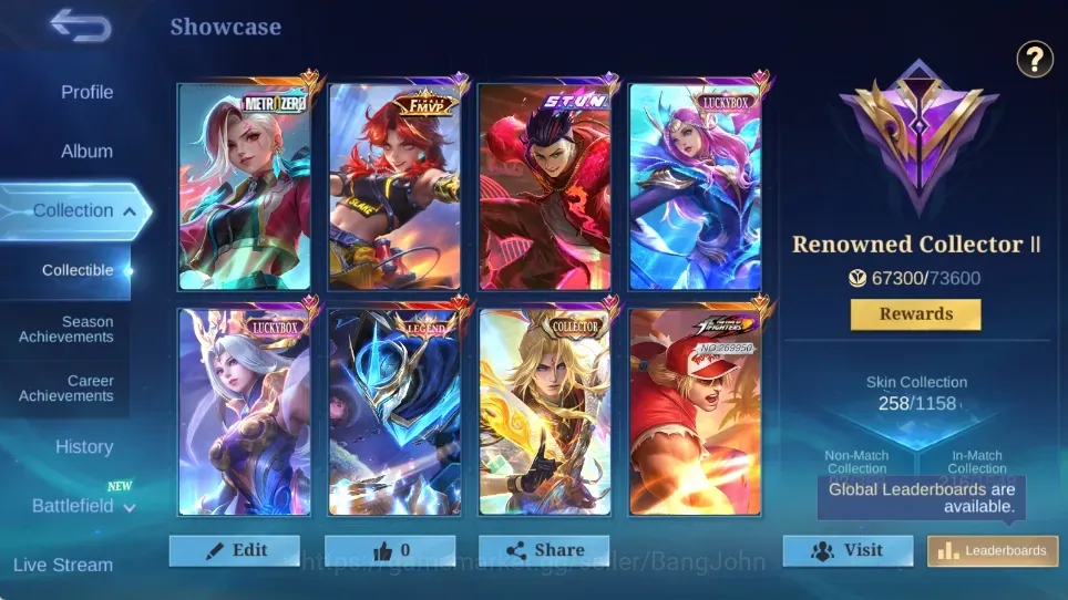 Mobile Legends: Bang Bang Accounts Collector Global|138H 258S|Renowned|Legend Gusion|KOF Paquito|Metro Zero Ixia|Collector 1