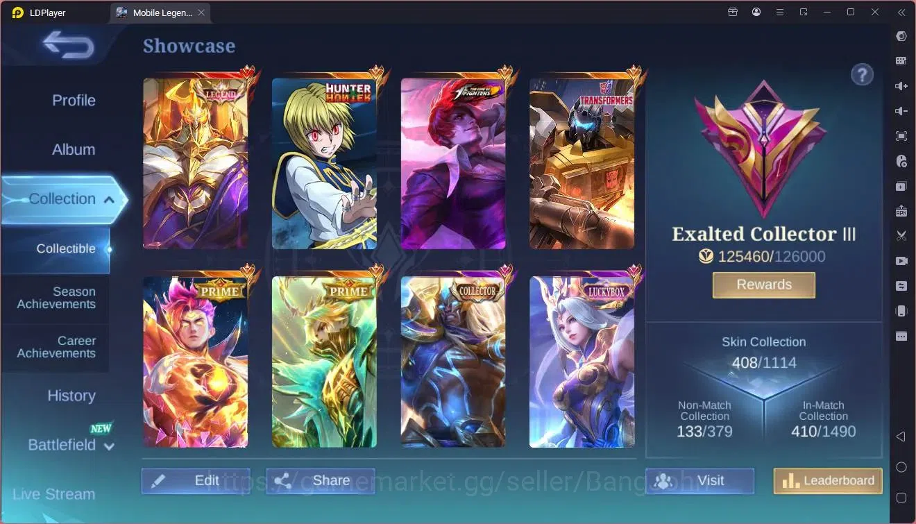 Mobile Legends: Bang Bang Accounts Collector Global|Hero 133|Skin 408|Exalted|Legend Johnson|HxH Julian|KOF Chou|TFM 2