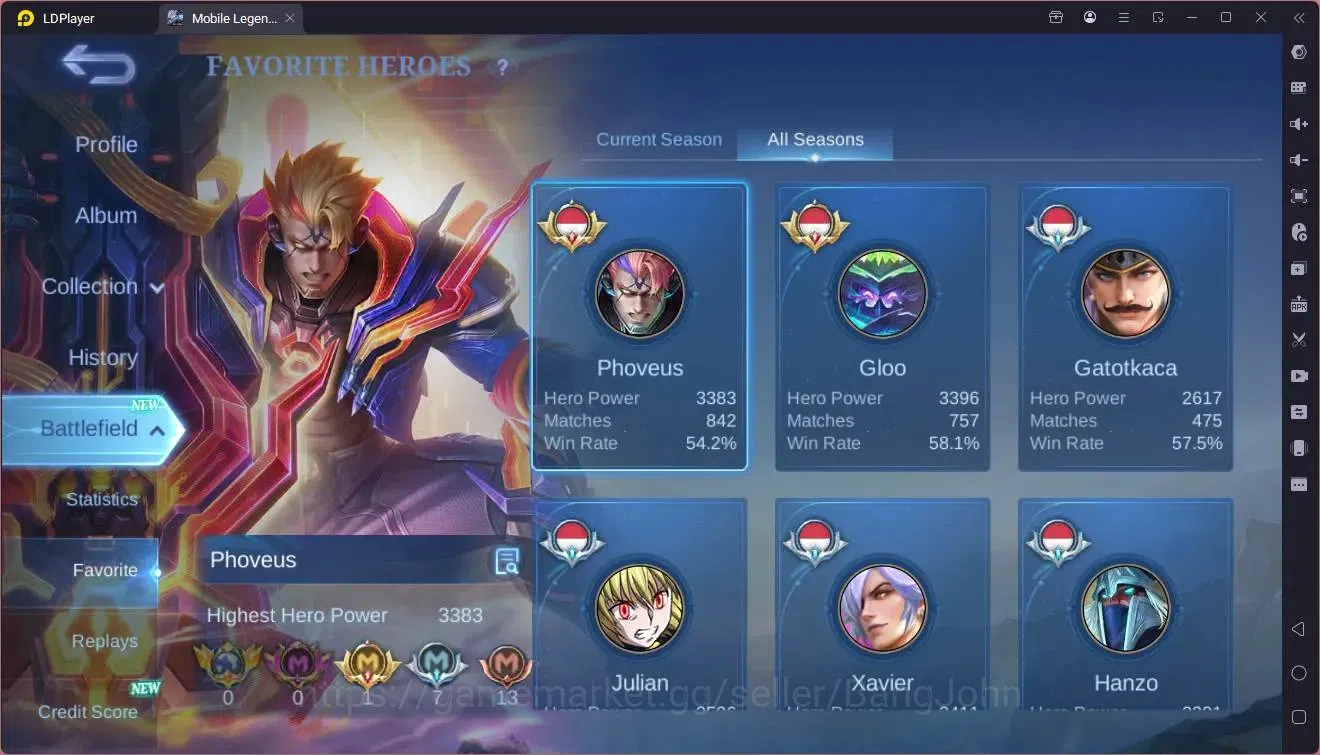 Mobile Legends: Bang Bang Accounts Collector Global|Hero 133|Skin 408|Exalted|Legend Johnson|HxH Julian|KOF Chou|TFM 4
