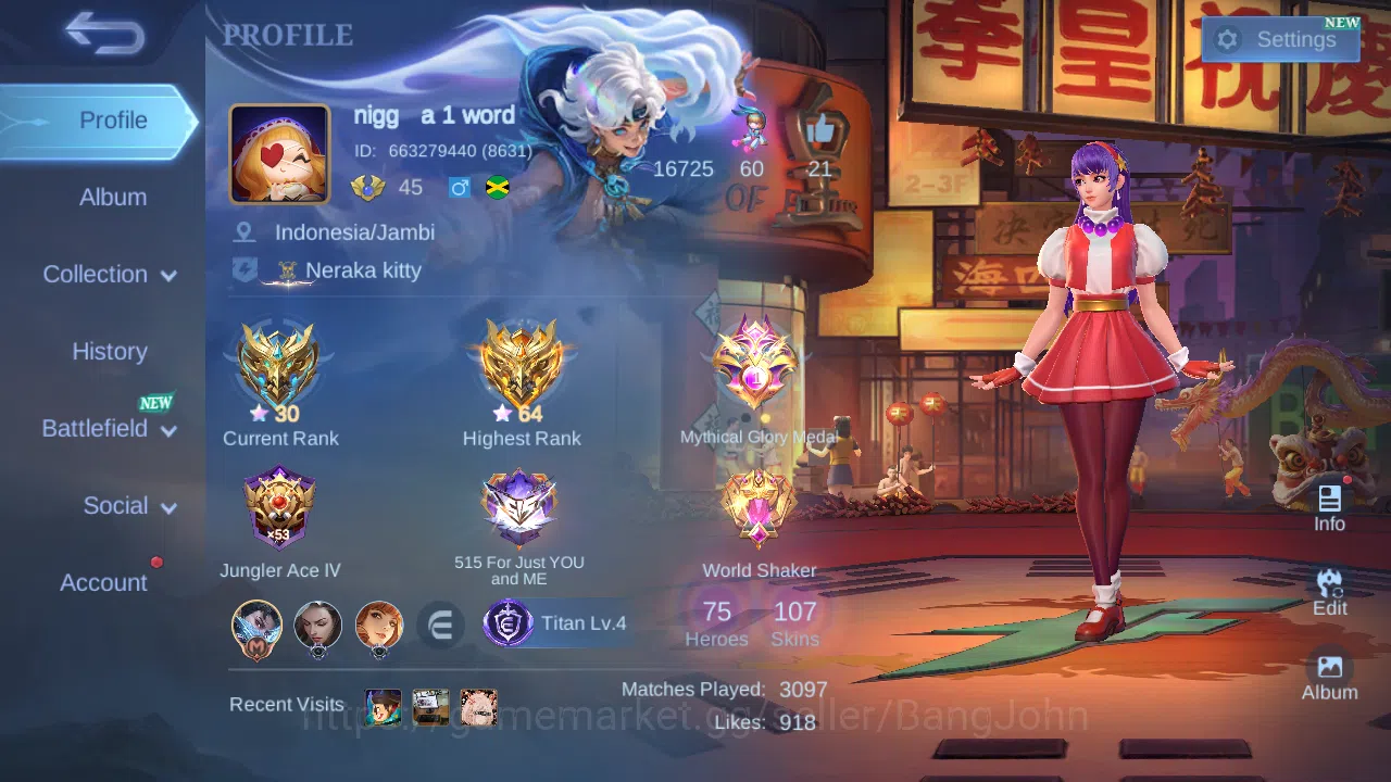 Hero 75 | skin 107 | kof karina | kof guinevere | epic gatotkaca | spongebob cyclops epic lunox | epic rafaela ~ ML569B Mobile Legends: Bang Bang Others Hero 75 | skin 107 | kof karina | kof guinevere | image 1