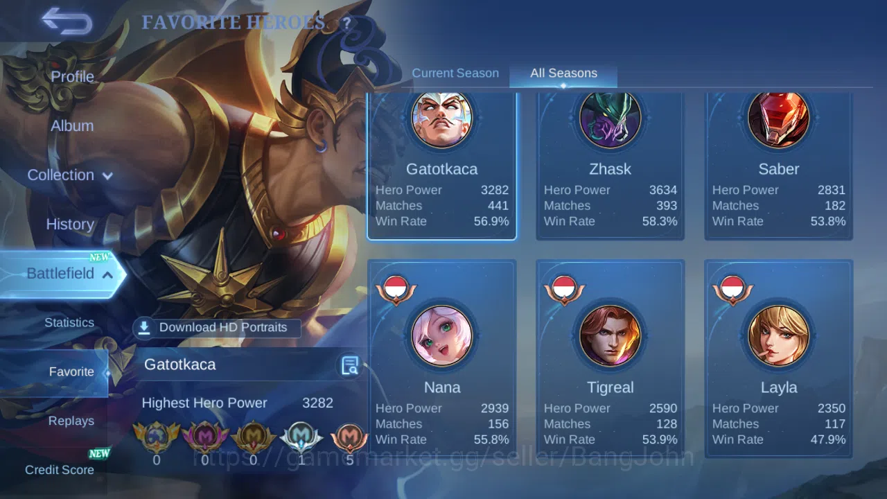 Mobile Legends: Bang Bang Accounts Others Hero 75 | skin 107 | kof karina | kof guinevere | epic gatotkaca | spongebob 4