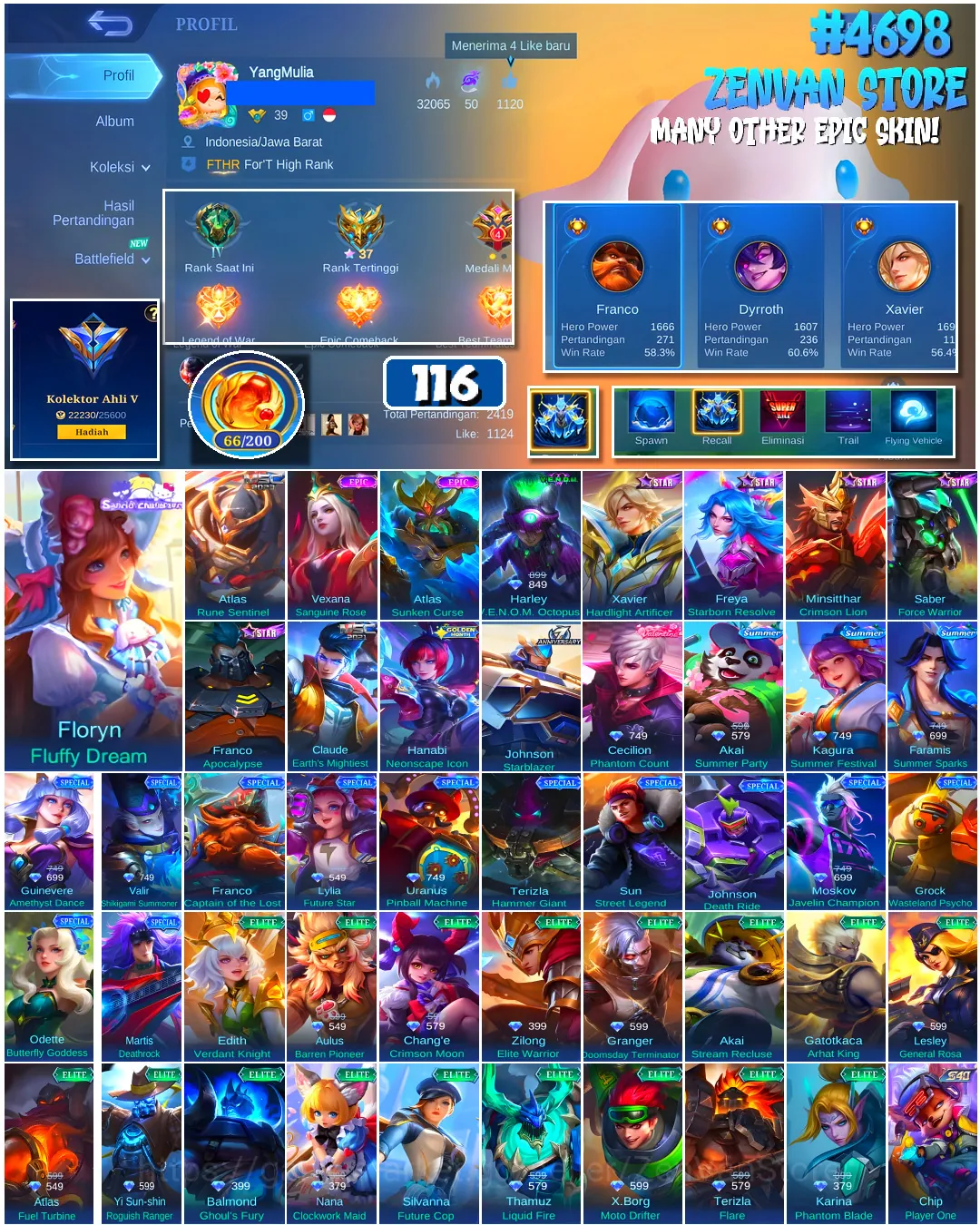 Mobile Legends: Bang Bang Accounts #4698 116 Skins | Floryn Fluffy Dream (SANRIO) | Atlas Sunken Curse (EPIC) | Vexana 1