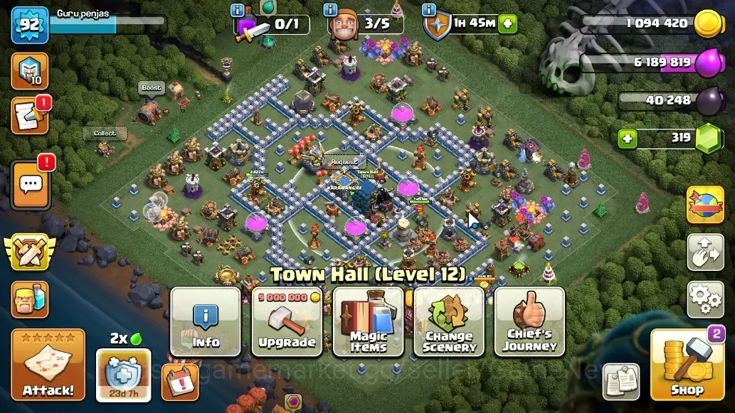 Clash of Clans Accounts High-End LV 92|TH 12-BH 5|HH 6|Limited Skin|BK 49,AQ 50,GW 20,MP 31|Free CN OFF|Protect ON|Take 1