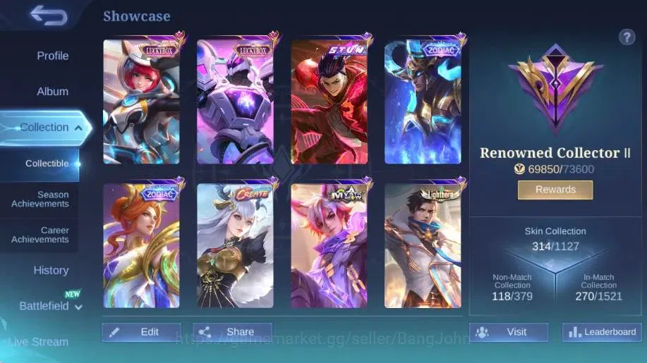 Mobile Legends: Bang Bang Accounts Collector Global|Skin 314|Renowned|KOF Karina,Collector Natalia,LBox 2