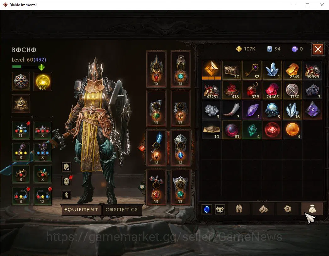 Diablo Immortal Accounts Mid-Tier SEA -Anu | Lv60 (492) | Crusader|33k CR | Reso 480 | Paragon Maledictor | Inferno I | Hell 8