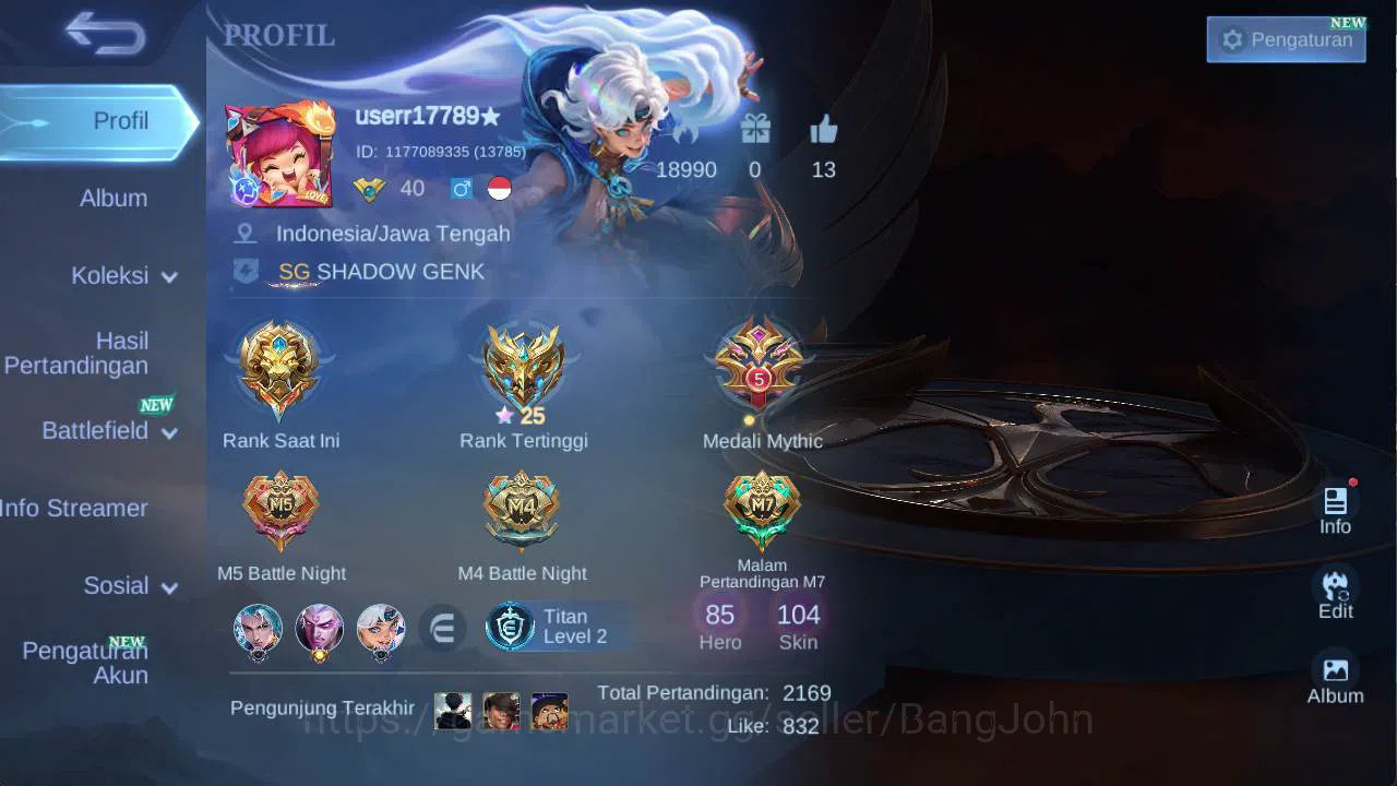 Mobile Legends: Bang Bang Accounts hero 85 skin 104 cc pharsa, saber rafaela, epic ir image 1